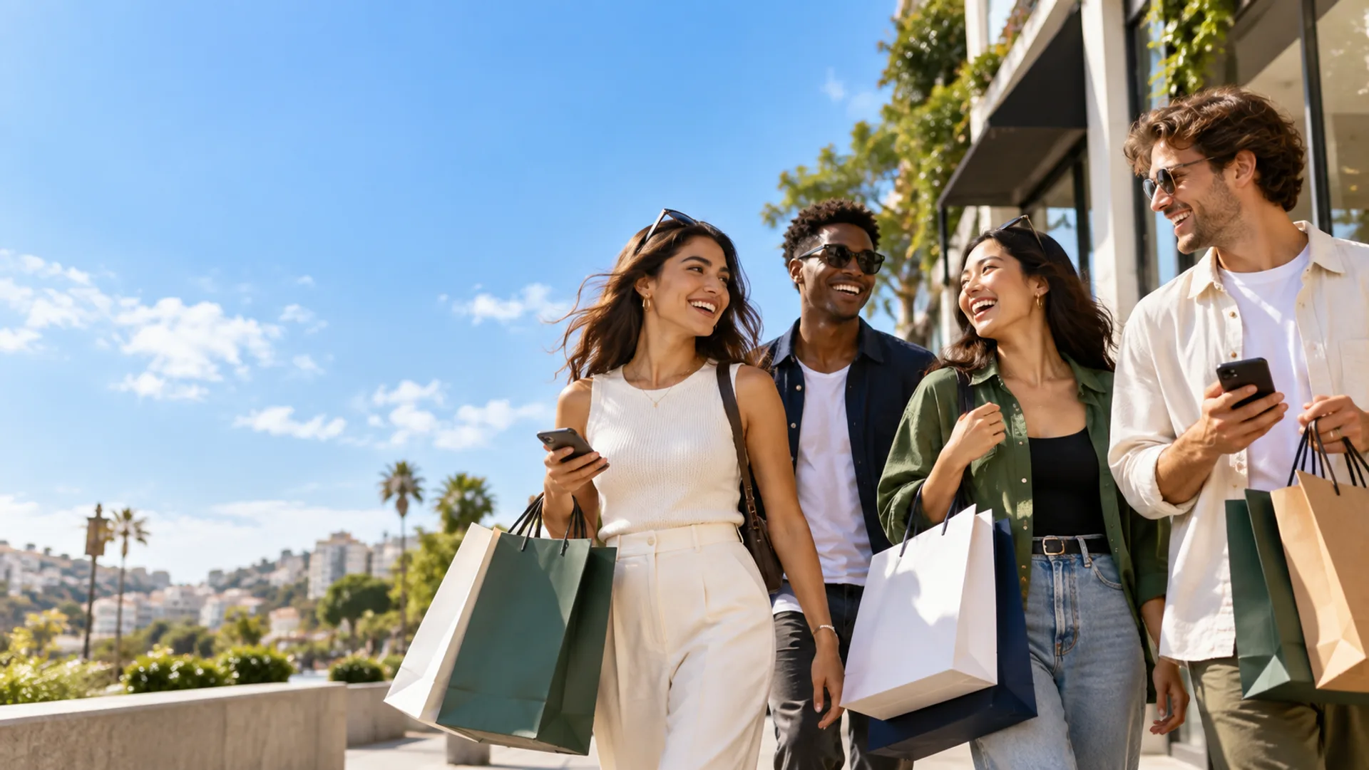 Un groupe d’amis fait du shopping en ville, sacs à la main