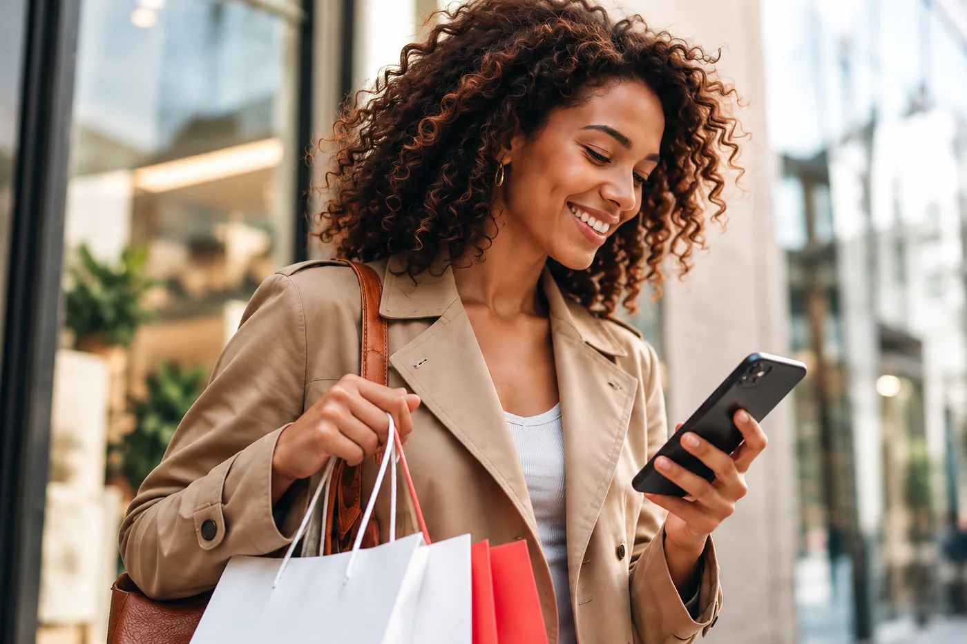 Une femme consulte son téléphone en tenant des sacs de shopping