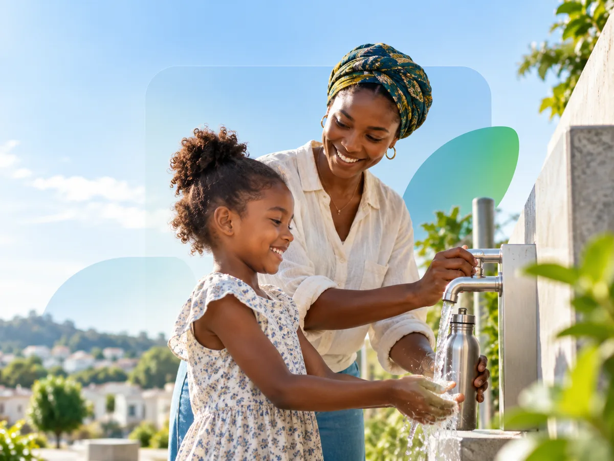 Une mère et sa fille remplissent une gourde à une fontaine