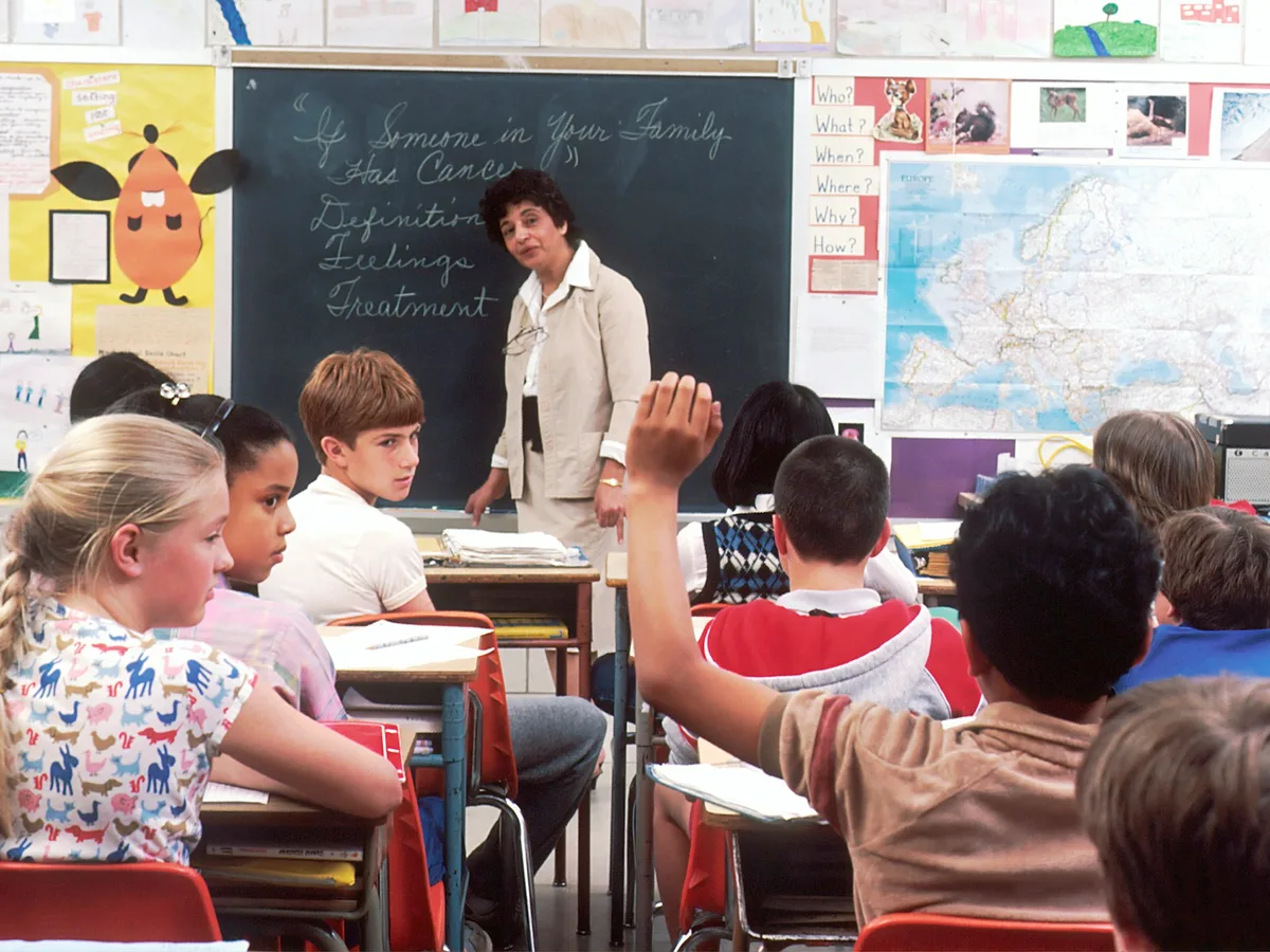 Des enfants en classe lèvent la main